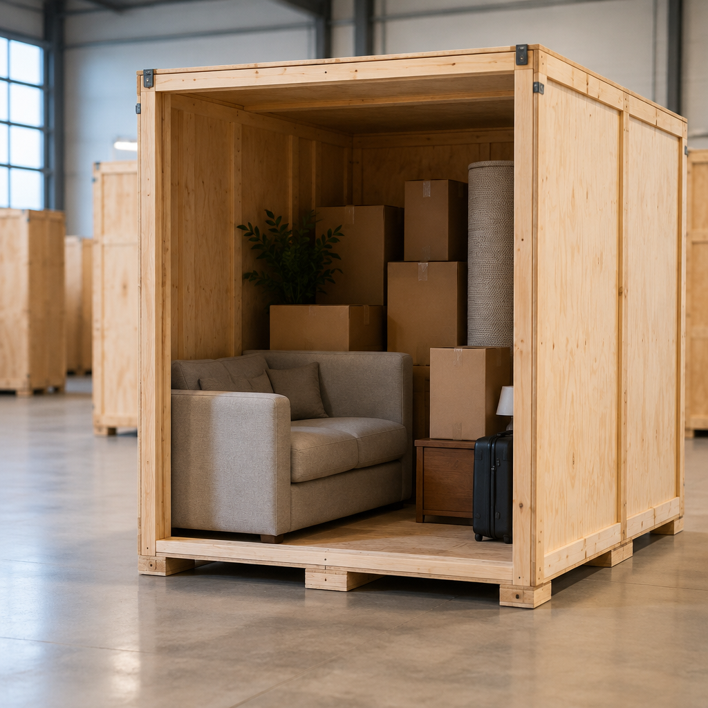 A wooden PickupStorage storage unit holding 6.3 m³ of belongings