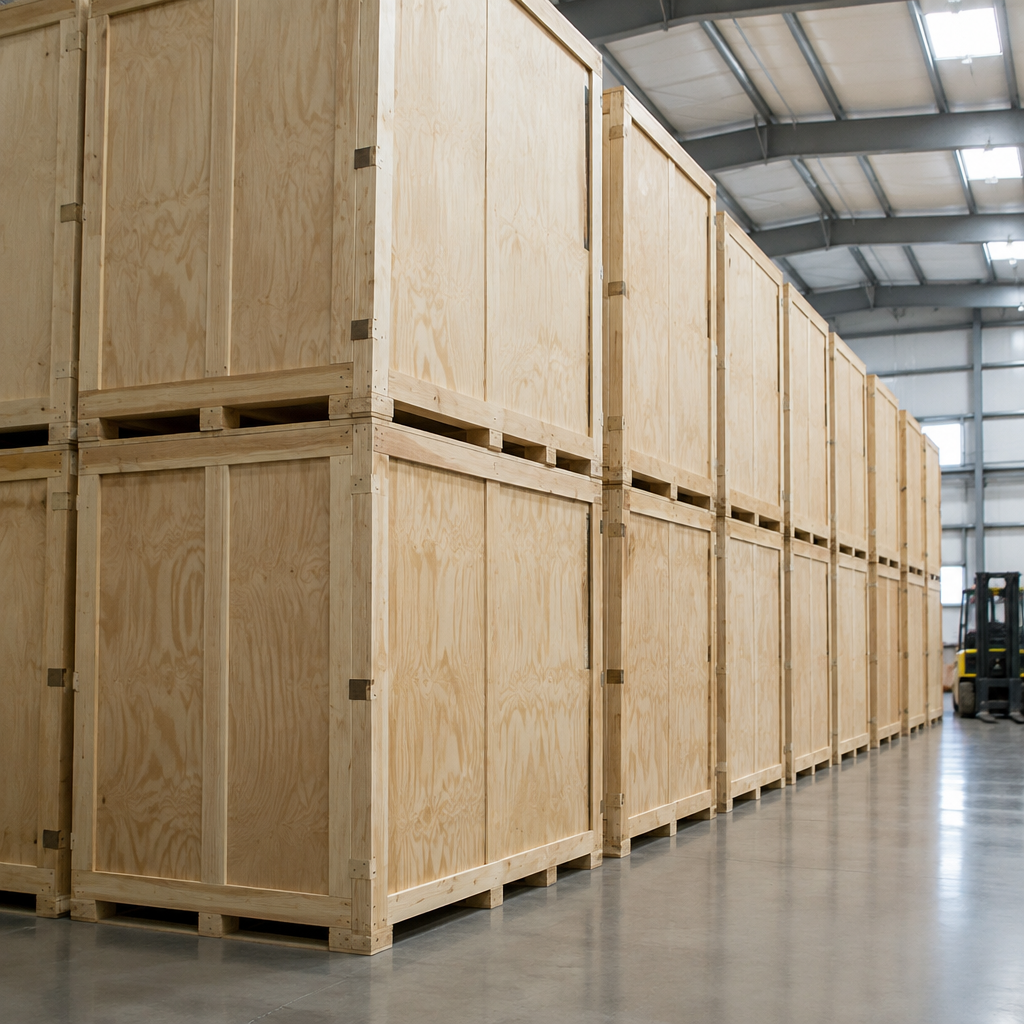 Wooden storage units stacked inside the PickupStorage managed warehouse in Cape Town